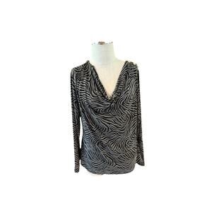 Michael Kors Tunic Blouse Top Womens Large Black Gray Zebra Print Cowl Neck